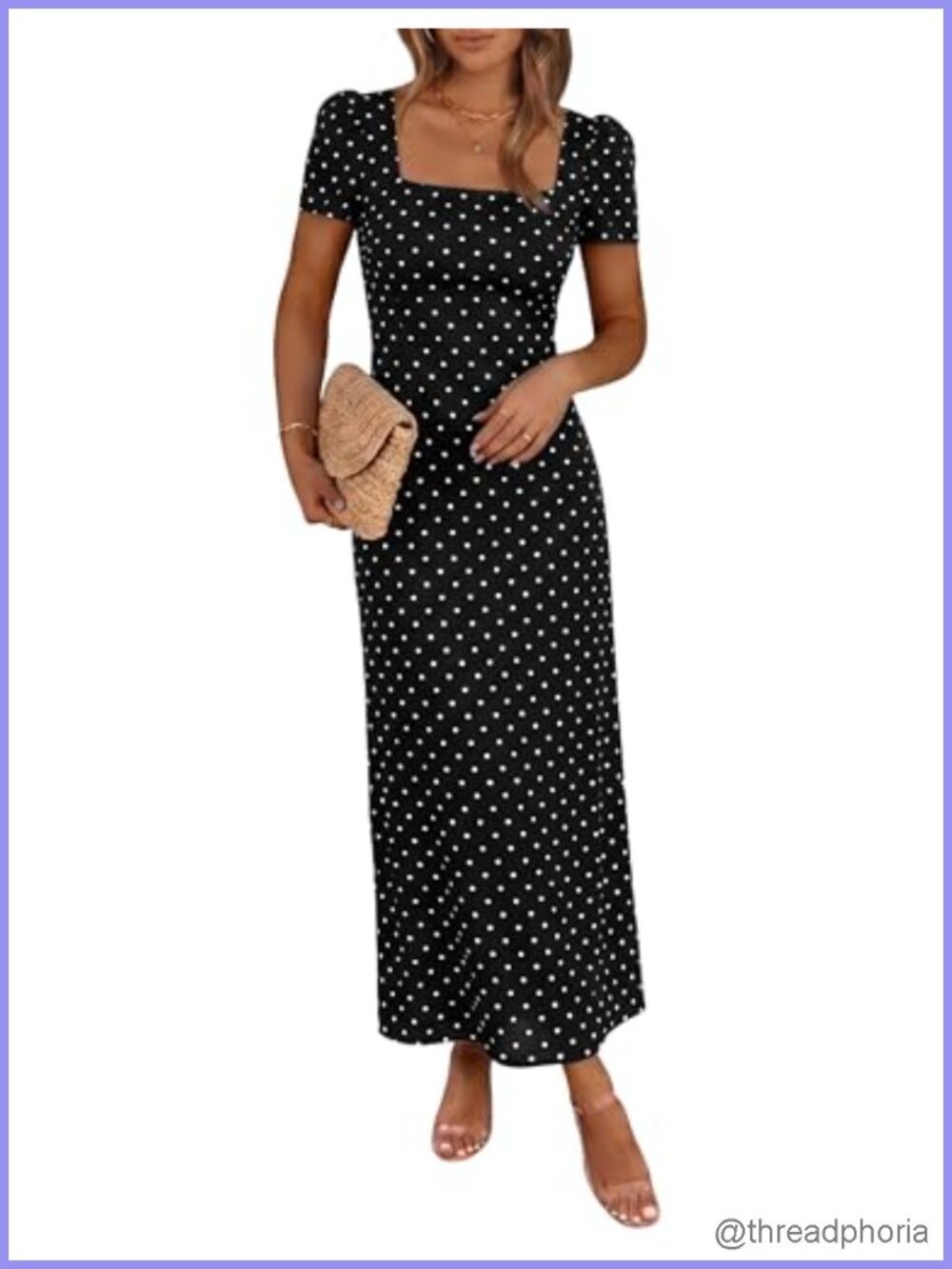 Women's Square Neck Short Sleeve Bodycon Midi Dress Polka Dot Vintage A-Line